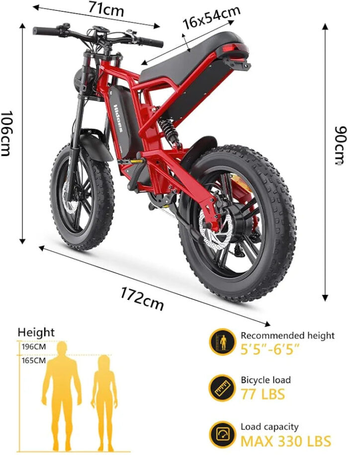 Fat Tire Electric Bike for Adults,15AH Removable Battery 80KM Range PAS Mode,Hidoes B6 Adult Electric Bicycle Up to 25Km/h,Dual shock absorption,20" x4.0 All-Terrain Tires,Shi-mano 7-Speed.